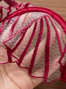 1套2件組女款黑色萬聖節刺繡花卉日常內衣套裝，舒適優雅內衣與內褲套裝 - 酒紅色 - 查看 5