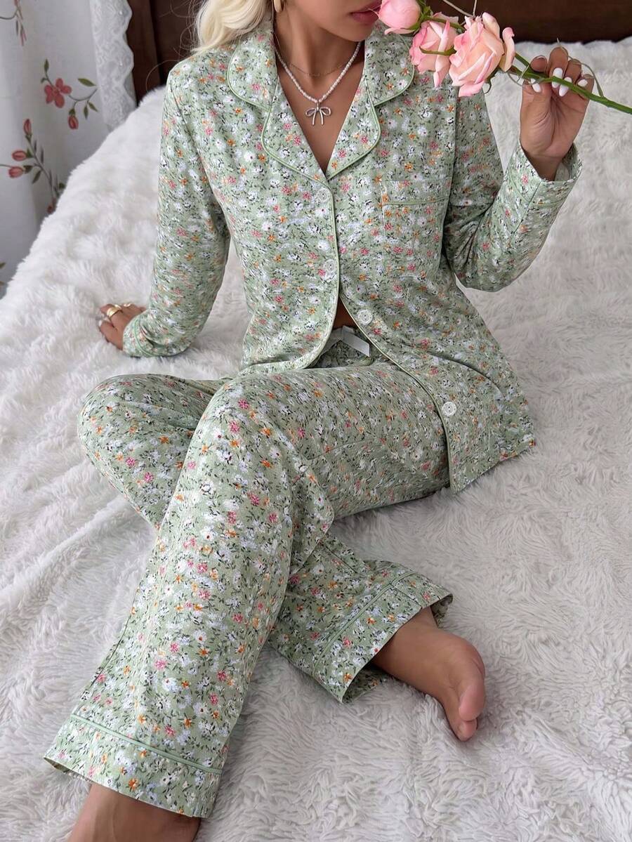 Setelan 2 potong Atasan dan Celana Lengan Panjang Motif Bunga untuk Wanita, Cocok untuk Semua Musim - Hijau - View 1