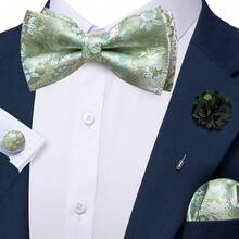 4件組男士薄荷綠小碎花提花領結口袋巾袖扣胸針套裝，適用婚禮商務派對 - 薄荷綠 - 查看 2