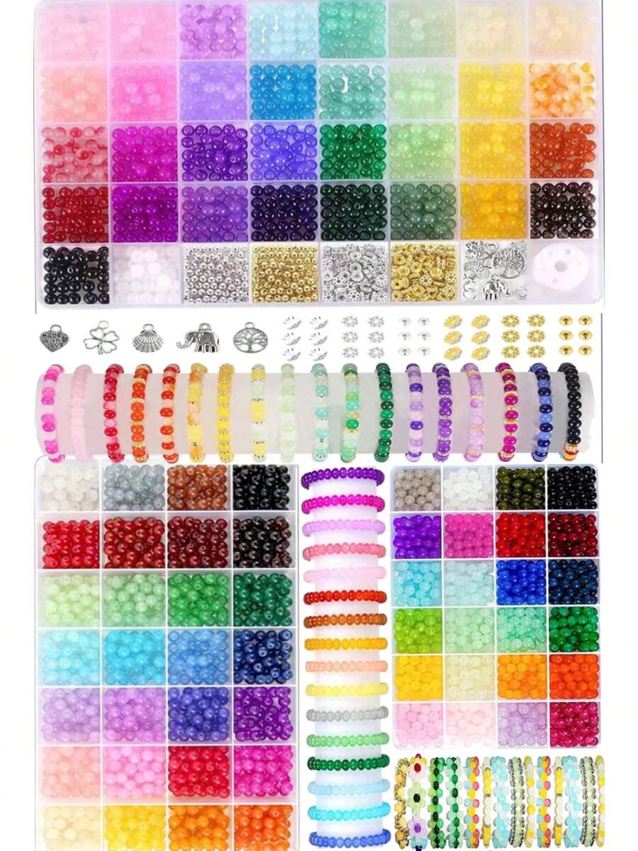 Kotak Kit Aksesori Manik-Manik Warna Pelangi 6mm 40/28/24 Grid untuk Membuat Kalung, Gelang, Anting, Rantai Ponsel, Bahan Dekorasi DIY Desain Kreatif - MultiWarna - View 1