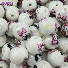 10pcs 16mm Rainbow White Ghost Print Acrylic Round Beads, Random Mixed Color Pink Bow Halloween Perforated Beads, Suitable For Pens, Bracelets, Jewelry Crafts - Random Color Mixing - View 11