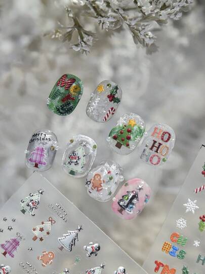 5D Embossed Christmas Letter Nail Art Stickers, Xmas Tree Holly Candy Cane Ornament Nail Decals, Self‑Adhesive Festive Holiday Nail Decorations For DIY Winter Manicure,Christmas Nail Accessories, Nail Supplies For Nail Salon 1pc