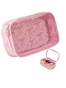 1pc Transparent Bowknot Makeup Bag, Handheld Storage Bag, Portable Travel Bag, Multi-Functional Clutch, Designer Bowknot Zipper, Waterproof, Large Capacity, Cosmetics Storage, Jewelry Storage, Nail Art Tools Storage - Multicolor - View 6