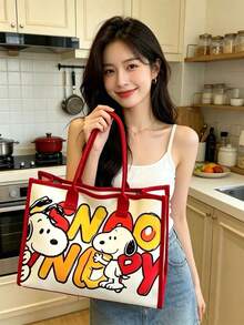 1pc Snoopy Striped Canvas Tote Bag, Large Capacity Shoulder Bag, Cute Multifunctional Handbag, Suitable For Work, Casual, Travel, School, Birthday, Valentine's Day, Mother's Day Gift - A - View 5