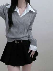 Atasan Rajut 2 in 1 Motif Patchwork Gaya Preppy - Grey - View 2