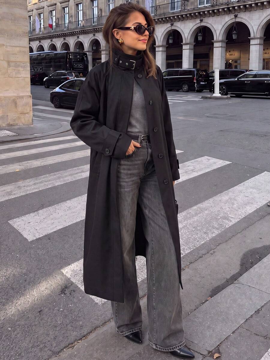 minisummer Women Fall Long Trench Coat Stand Collar Belted Waist Button‑Up Loose Pocket Midi Outerwear - Black - View 1