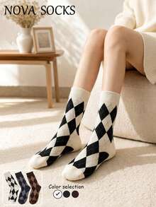 1/3 Pairs Random Assortment Women's Multi-Color Diamond Grid Elastic Mid-Calf Socks, Skin-Friendly College Style, Vintage Casual, Suitable For Home, Commute, Outings, Daily Wear And Gifting, Soft Versatile Vintage All-Match, Casual Women's Mid-Calf Socks, Suitable For Back To School Season, Easy To Match, Comfortable Fabric, Fashion - Multicolor - View 8