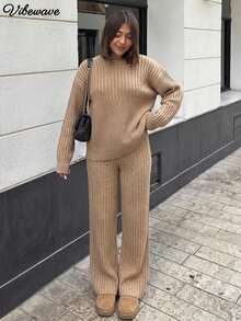 VIBEWAVE Khaki Waffle Knit Crew Neck Loose Sweater & Vertical Rib Wide Leg Pants 2pcs Set For Women, Lazy Minimalist Style, Autumn/Winter Home, Commute, Shopping Outfit - Brown - View 2