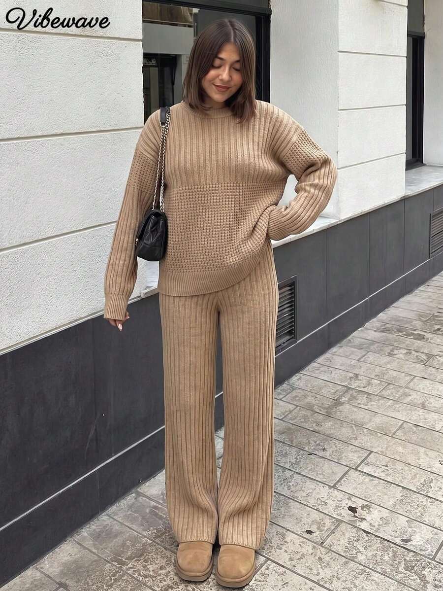 VIBEWAVE Khaki Waffle Knit Crew Neck Loose Sweater & Vertical Rib Wide Leg Pants 2pcs Set For Women, Lazy Minimalist Style, Autumn/Winter Home, Commute, Shopping Outfit - Brown - View 1
