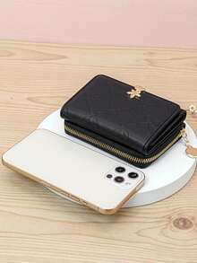 Clip Short Folding Pu Wallet Sweet Cute Fashion Young Zip Large Capacity Card Holder Storage Card - Black - View 4