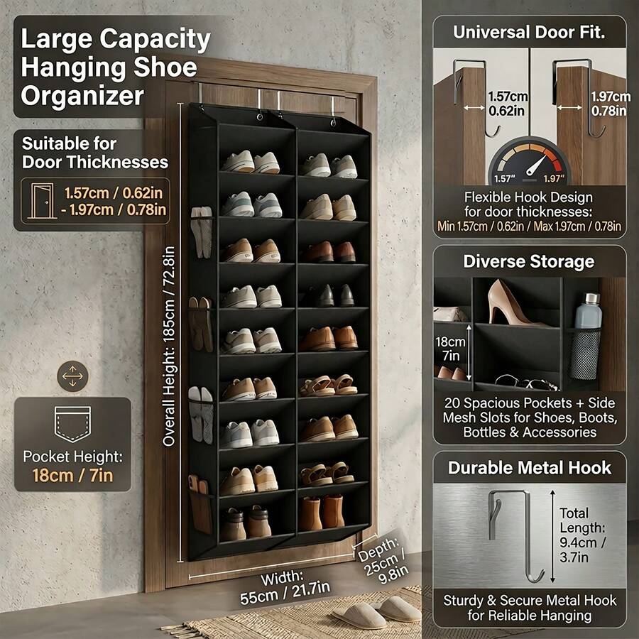 10-Layer Over-The-Door Hanging Organizer Rack With 10 Side Mesh Pockets, Can Store 20-30 Pairs Of Shoes, Shoes, Miscellaneous Items And Daily Necessities, Shoe Hanging Storage Bag, Floorless Shoe Storage Solution - Multicolor - View 1