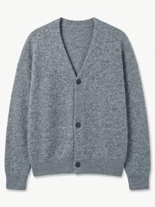 Men's Casual V-Neck Cardigan, Daily Commute, Streetwear, Versatile, Solid Color, Minimalist, Fuzzy, Korean Style, Long Sleeve, Loose Fit, Short Length, Sweater, Autumn, Winter - Grey - View 5