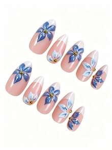 24pcs Almond Shape 3D Gel Flower White French Press On Nails, Perfect For Acrylic Fake Nail Set, Includes 1 Jelly Glue And 1 Nail File, Suitable For Summer, For Women And Girls DIY Daily Work Study And Party Use - Blue - View 4