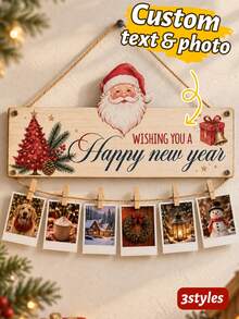 Custom Farmhouse Christmas Photo Wood Hanging Sign, Personalized Door Decor, Customized Text Wall Display Plaque, Customizable Christmas Tree Hanging Ornament, Holiday Home Decor Keepsake Gift For Family, Party Decoration, Happy New Year, Friends - Multicolor - View 1