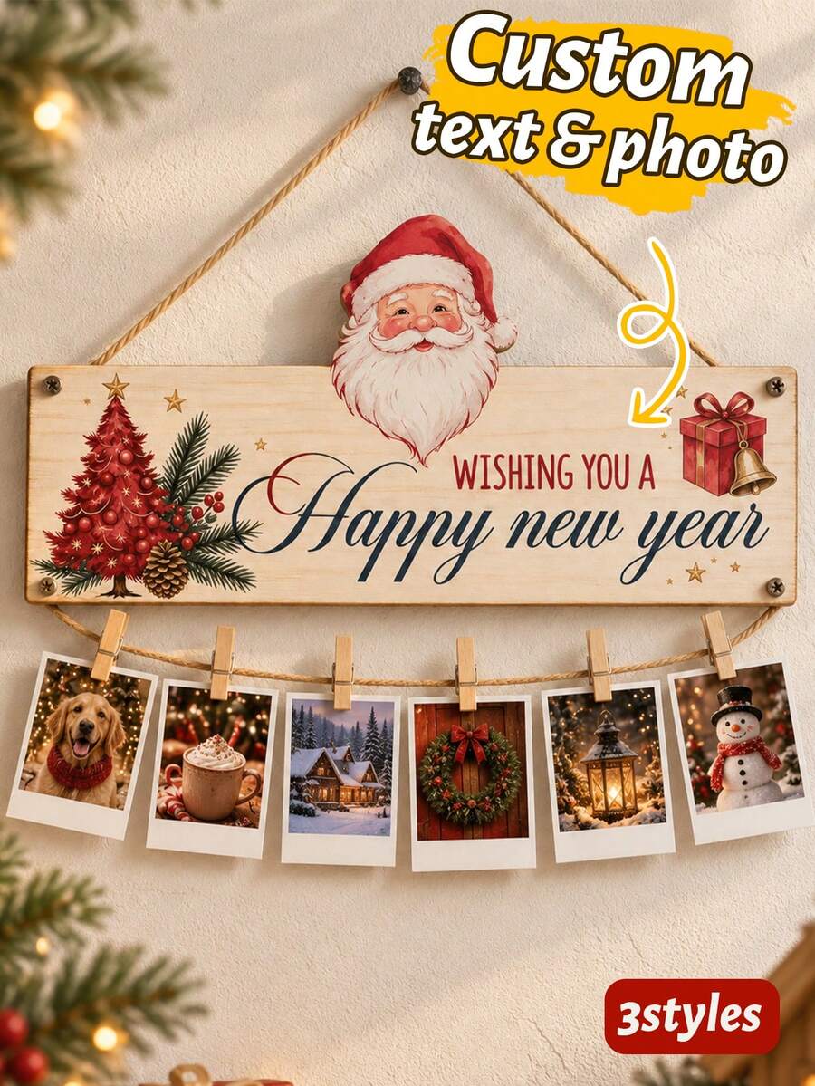 Custom Farmhouse Christmas Photo Wood Hanging Sign, Personalized Door Decor, Customized Text Wall Display Plaque, Customizable Christmas Tree Hanging Ornament, Holiday Home Decor Keepsake Gift For Family, Party Decoration, Happy New Year, Friends - Multicolor - View 1