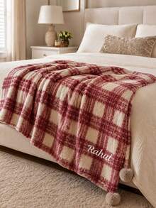 1pc Personalized Monogram Embroidered Throw Blanket, Custom‑Text Vintage Plaid Grid Household Blanket, Distinct Plaid Print With Pom‑Pom Ball Trim, Three Color Selections, Holiday Gift For Bedroom, Living Room And Household Space Display - Multicolor - View 8