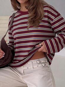 SDNGED Women's Casual Top, Striped Color Block Ribbed Fabric, Everyday Wear Spring/Autumn, Effortless Style - Redwood - View 8