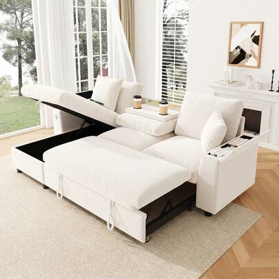L-Shaped Sofa Bed With Reversible Chaise, Hidden Storage, Fold-Out Tray With 2 Cup Holders, Beige, 200 * 137 * 85 Cm