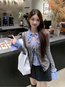Korean Style Schoolgirl Striped Patchwork Versatile Slimming Ruffle Trim 2 In 1 Shirt Blouse - Picture Color - View 2