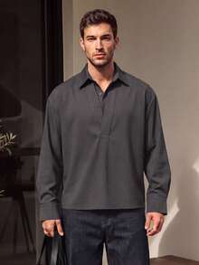 Men Fall Loose Fit Half Button Pullover Shirt, Lapel Collar Long Sleeve Solid Elegant Top For Vacation Business Occasions - Grey - View 3