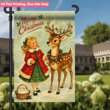 11.8 X 17.7 Inch 2D Flat Polyester Garden Flag, Single-Sided Printed Decorative Flag, Vintage Little Girl & Reindeer Merry Christmas Theme, Suitable For Garden, Porch, Balcony, Yard, Winter Outdoor Decor, Nostalgic Style Welcome Hanging Flag, Flag Pole Not Included - A - View 7