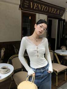 Premium Fitted Lace Long Sleeve T-Shirt, Versatile New Design Base Layer - Apricot - View 4