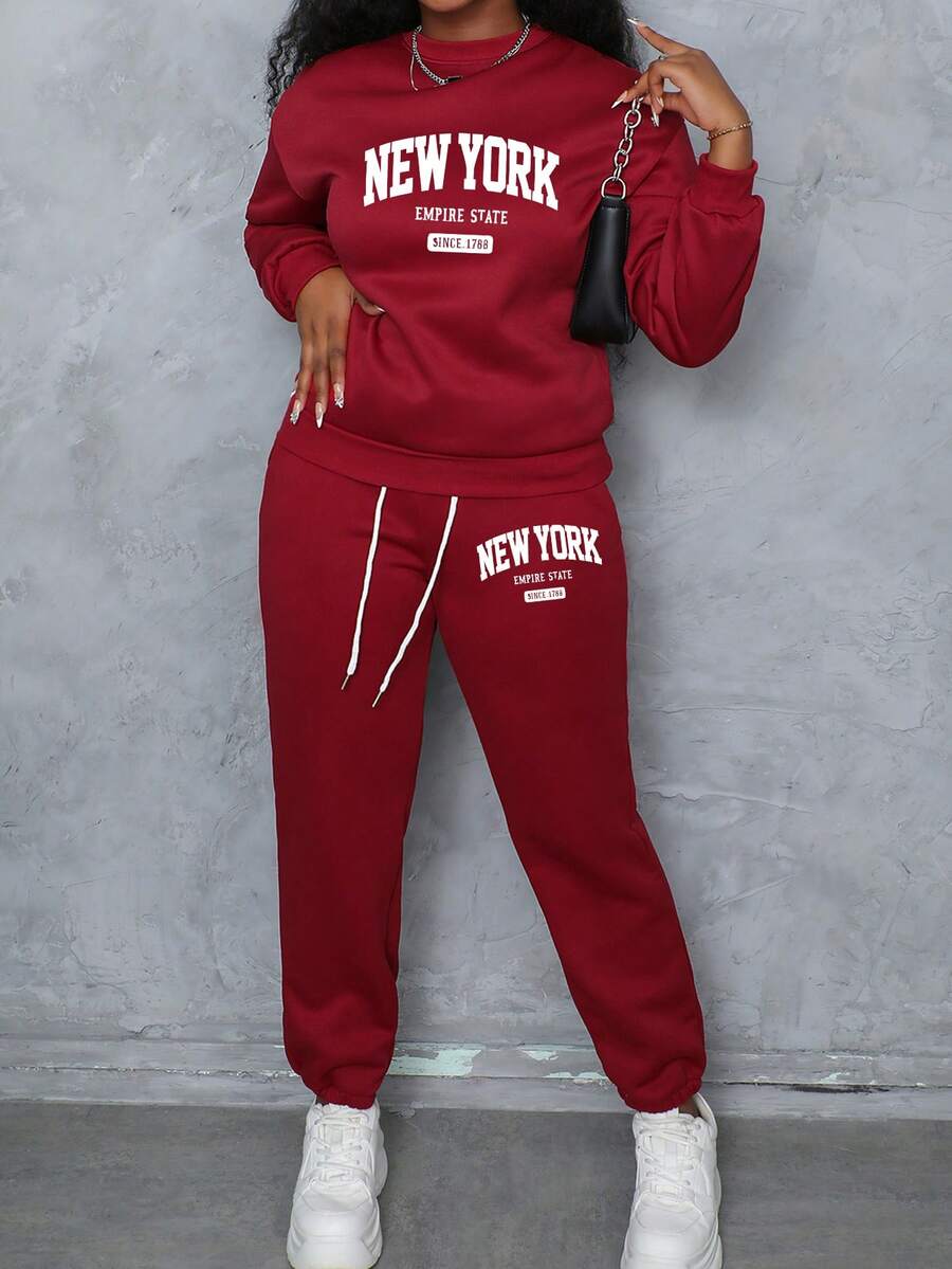 Women's 2 Pieces Loungewear Set, NEW YORK Letter Print Drawstring Crew Neck Sweatshirt And Sweatpants Set, Casual Long Sleeve Loungewear Set, Suitable For Home Wear, Outdoor Sports And Winter Wear - Red - View 1