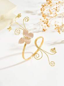 1pc Elegant Minimalist Multiple Flower & Butterfly Linked Line Wrapped Metal Arm Cuff, Women's Elegant Fashion Body Jewelry, Suitable For Street, Party, Daily Commute Matching Accessory - Gold - View 3