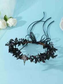Dark Forest Witch Bird Skull Crown Headband, Black Leaves, Red Rhinestone Chain, Brown Vines, Gothic Style, Halloween Cosplay Wedding Party - Black - View 8