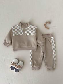 2Pcs/Set Boys' Checkerboard Patchwork Half-Zip Stand Collar Sweatshirt & Jogger Pants Casual Sports Outfit, Spring/Autumn - Khaki - View 6