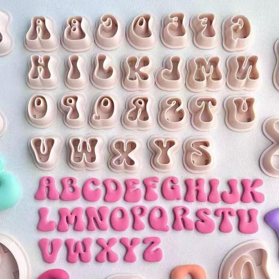 1/26pcs Bubble Letter Soft Clay Cutter Set, Cute Rounded Artistic English Letters, English Letter Clay Art Soft Clay DIY Jewelry Molds - Apricot - View 1