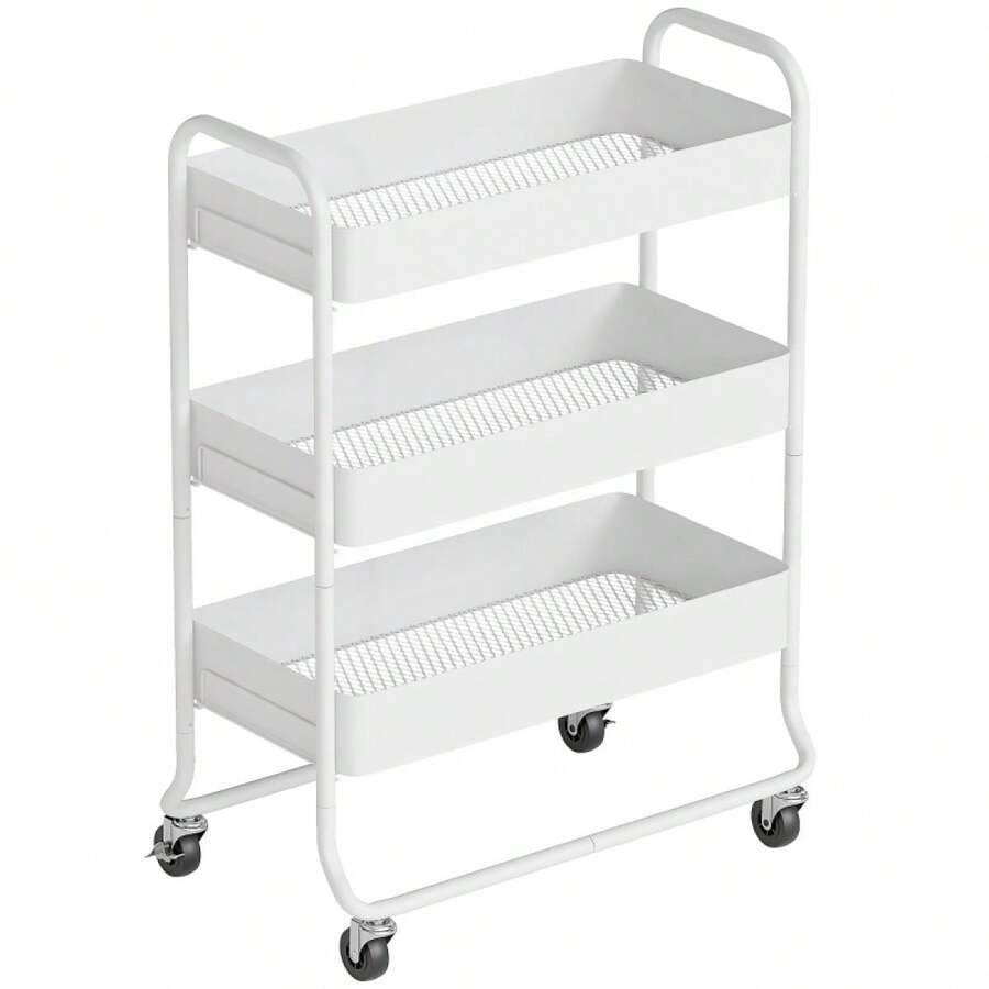 3-Tier Storage Trolley On Wheels, Rolling Utility Cart With Mesh Backets Kitchen, Bathroom, Bedroom, White On-Site - White + Metal - View 1