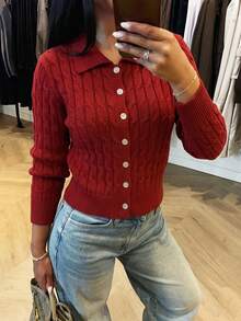 FOR BEAUTY Fall Winter French Chic Burgundy Cable Knit Lapel Collar Button Down Slim Fit Cardigan Sweater Tops Outerwear Women Work Outfits - Angolan Red - View 7