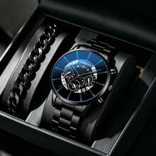 1pc Men's Business Steel Band Quartz Watch, Versatile Round Alloy Dial, Suitable For Business, Casual, Holiday Wear, Best Gift For Men - Black - View 5