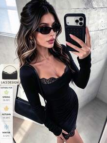 SUNSTORY Women's Autumn/Winter Elegant Casual Black Lace Patchwork Ruffle Square Neck Slim Fit Long Sleeve Short Dress, Suitable For Daily Wear, Music Festivals, Commuting, Party Outfits - Black - View 3