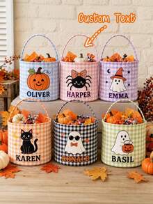 Personalized Halloween Baskets, Checkered Pattern Trick-Or-Treating Bags, Customizable With Names, Halloween Candy Buckets, Halloween Storage Baskets As Gifts. - Multicolor - View 1