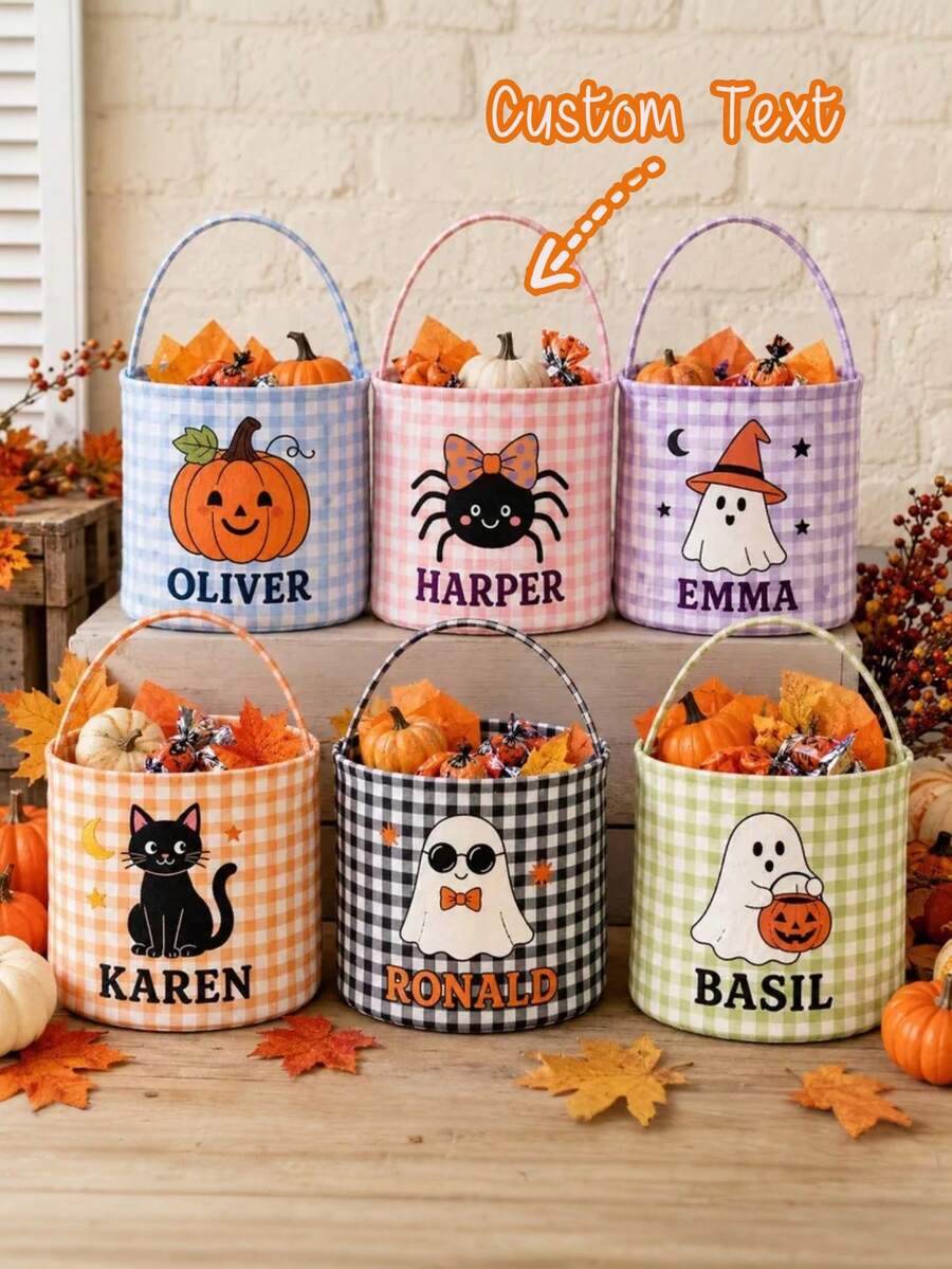 Personalized Halloween Baskets, Checkered Pattern Trick-Or-Treating Bags, Customizable With Names, Halloween Candy Buckets, Halloween Storage Baskets As Gifts. - Multicolor - View 1