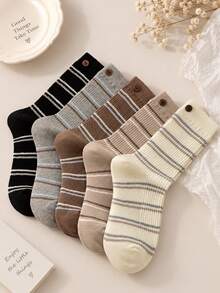 5 Pairs Women's Striped Button Decor Mid-Calf Socks, Soft Cotton Knit Breathable Elastic Socks, Vintage Aesthetic Collegiate Style Daily Streetwear, Earth Tone Multi-Color Fashion Socks For Girls And Women - Multicolor - View 5