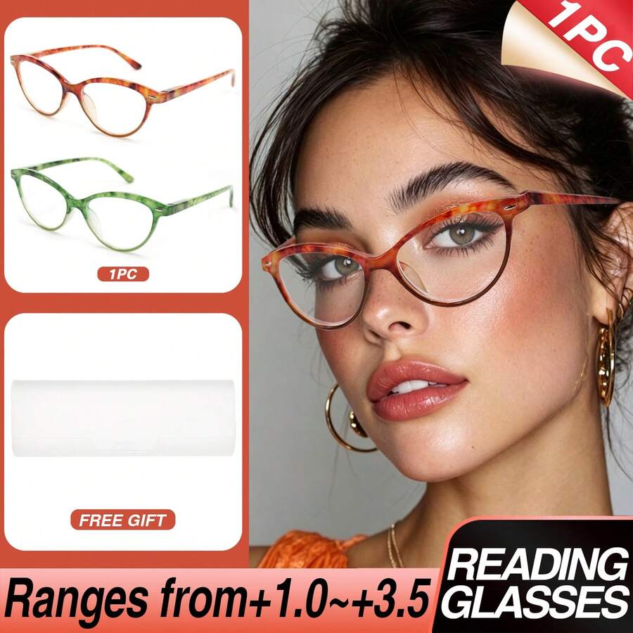 1pc Small Frame Cat Eye Reading Glasses, Leopard Print Design, Equipped With High-Quality Spring Hinges, Suitable For Women's Daily Reading Wear, Comes With High-Quality Eyeglass Storage Case - White - View 1