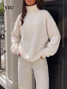 YIU Women's White Knit Quarter-Zip Pullover, Regular Long Sleeve, Casual Fashion Design - White - View 4