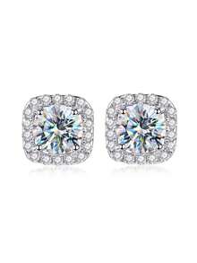 ESBERRY 1pc Moissanite Earrings Delicate 0.5CT Mini Square Stud Earrings Perfect For Women's Daily Wear And Special Occasions - Silver - View 3