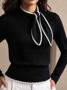 Seashell Embroidered Tie Neck Long Sleeve Top Women, Colorblock Trim Elegant Commute Blouse, Fall Winter Fashion - Black - View 5