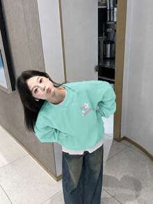 Women's Star & Letter Print Long Sleeve Crew Neck Pullover Sweatshirt, Loose Casual Lazy Style, Mint Green Top, Autumn/Winter - Mint Green - View 1