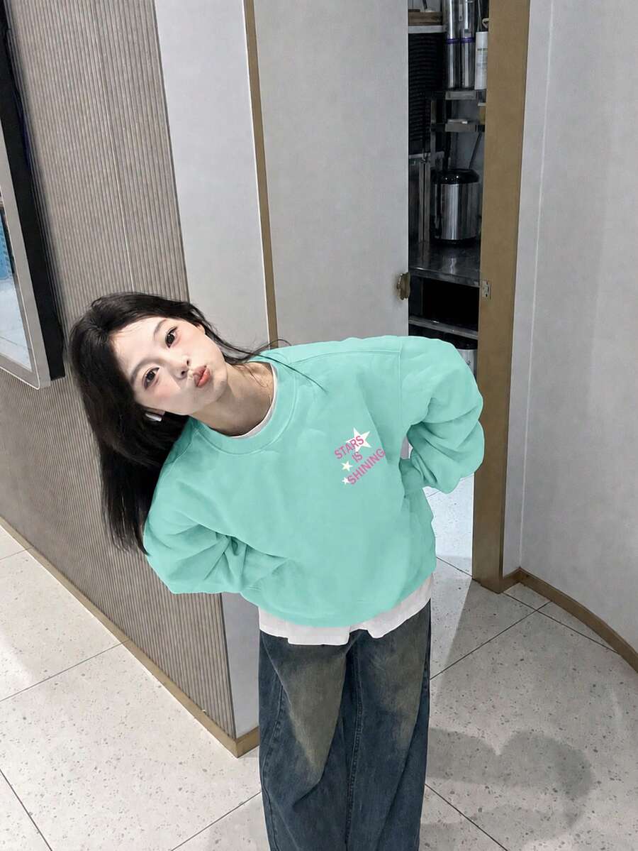 Women's Star & Letter Print Long Sleeve Crew Neck Pullover Sweatshirt, Loose Casual Lazy Style, Mint Green Top, Autumn/Winter - Mint Green - View 1
