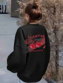 Vintage Ink Cherry English Back Print Crew Neck Sweatshirt Women Loose Sweet Cool Black Versatile Long Sleeve Top - Black - View 5