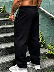 Men's Plus Size XL-6XL Ice Silk Straight Leg Casual Pants, Elastic Waist Drawstring Design, Lightweight Wrinkle-Resistant Travel & Commute Long Pants - Black - View 2