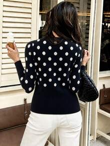 Roviva Women's Autumn Casual Commute French Polka Dot Long Sleeve Knit Sweater, Suitable For Party, Gathering, Holiday, Birthday Party, Work Commute, - Black and White - View 4