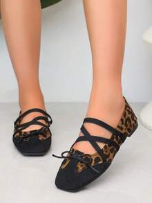 Leopard Print Colorblock Square Toe Ballet Shoes, Black Suede Bow Decor With Cross Elastic Straps, Classic Wild Leopard Print With Black Faux Suede Patchwork, Spring/Autumn Women's Shallow Flat Shoes - Leopard - View 6
