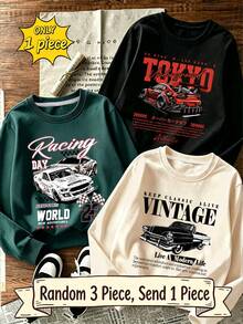 [Random 3pcs, 1pc Sent] Boys' Racing-Themed Print Crew-Neck Sweatshirt, Soft And Comfortable Pullover Top, Suitable For Autumn And Winter Wear - Dark Green - View 2
