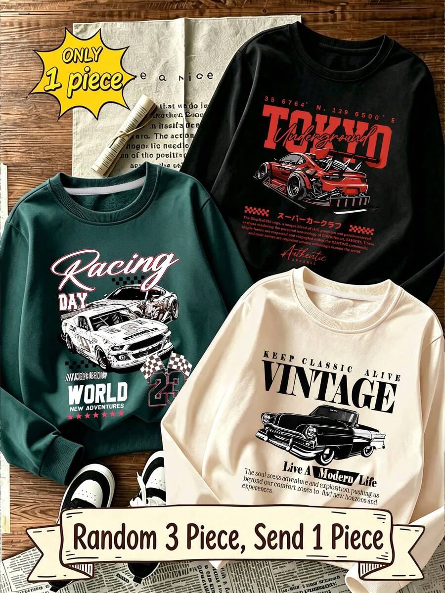 [Random 3, Send 1] Boys Racing Theme Print Crew Neck Sweatshirt, Soft And Comfortable Pullover, Suitable For Autumn/Winter Wear - Dark Green - View 1
